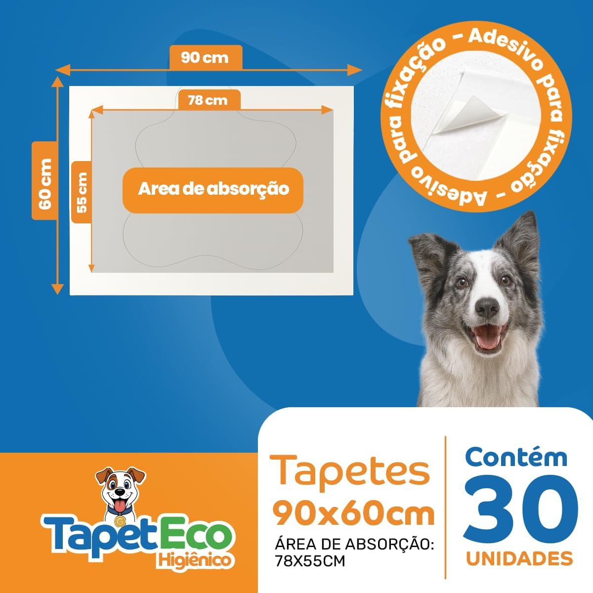 Tapete Higiênico para Cachorro Pet Cães 30 Unidades 90x60 Com Fitas Adesivas Antivazamentos Ultra Absorção 6 Camadas Anti Odores Descartável TapetEco Mec G Pet