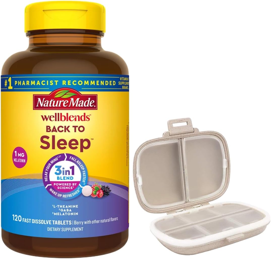 Nature Made Wellblends Back to Sleep, 120 Fast Dissolve Tablets, Lower Dose Melatonin 1 mg, L theanine 100 mg and GABA 100mg, Sleep Supplement, Bundle with a Pill Oragnizer (2 Items)