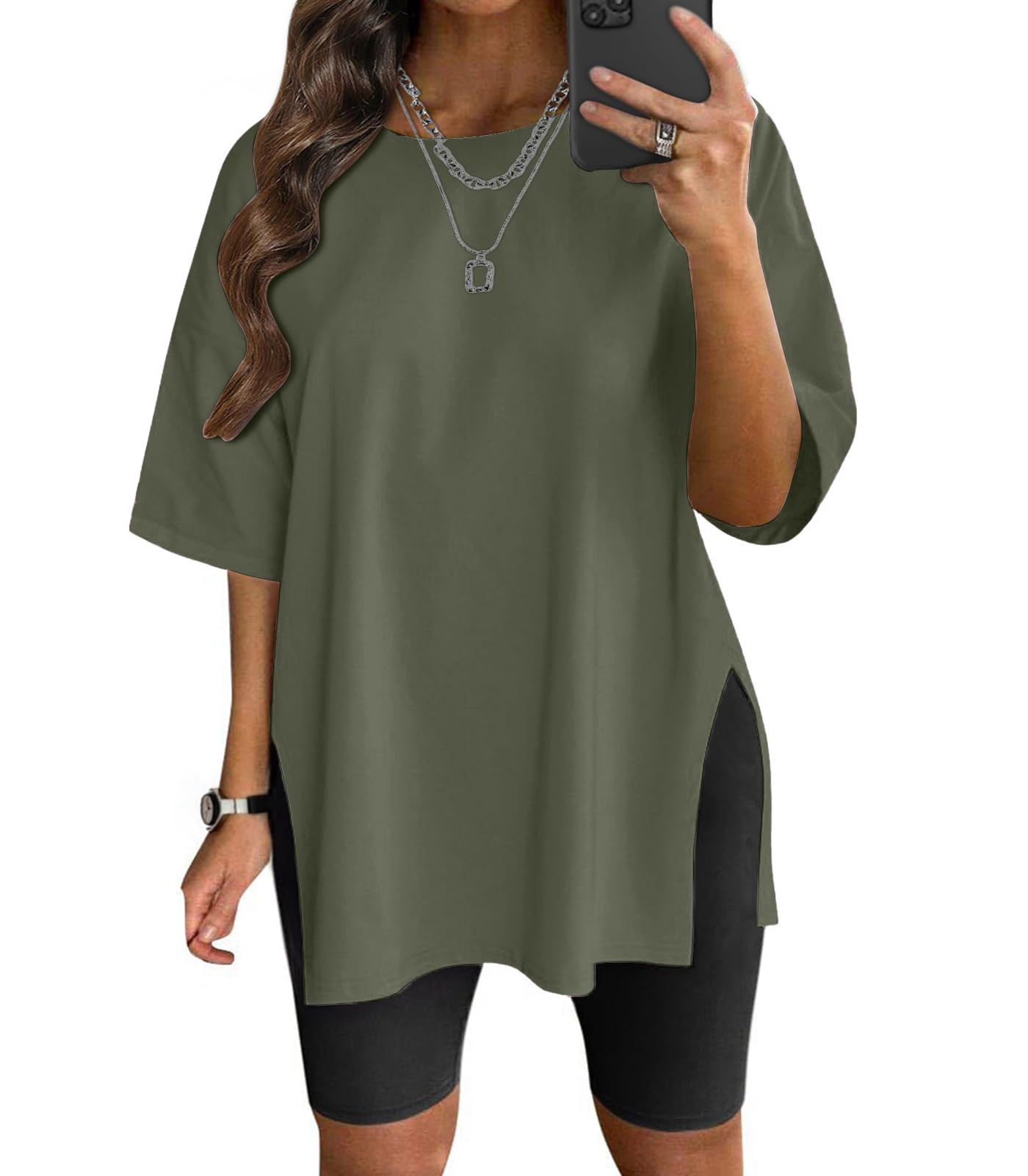 VNIRAPlus Size T Shirt for Women Oversized Cotton Short Sleeve Workout Top Loose Fit Side Split Casual Basic Tunic Top