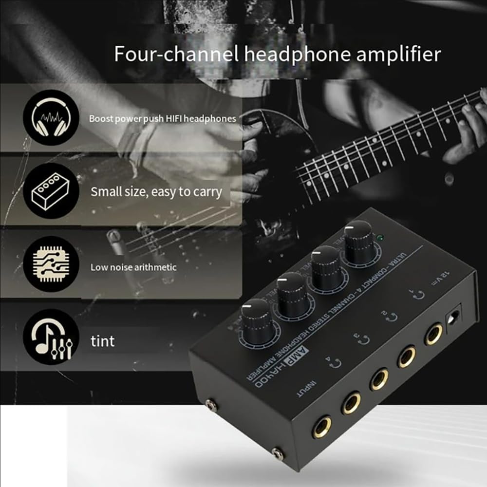 Ampli Casque,Amplificateur pour Casque d'Écoute,Répartiteur d'Écouteurs,l'Alimentation 12v,Haute Résolution Sonore,Prises d'Entrée Et De Sortie De 6,5 Mm,pour Les Concerts, Les Cours, La Guitare,Etc.