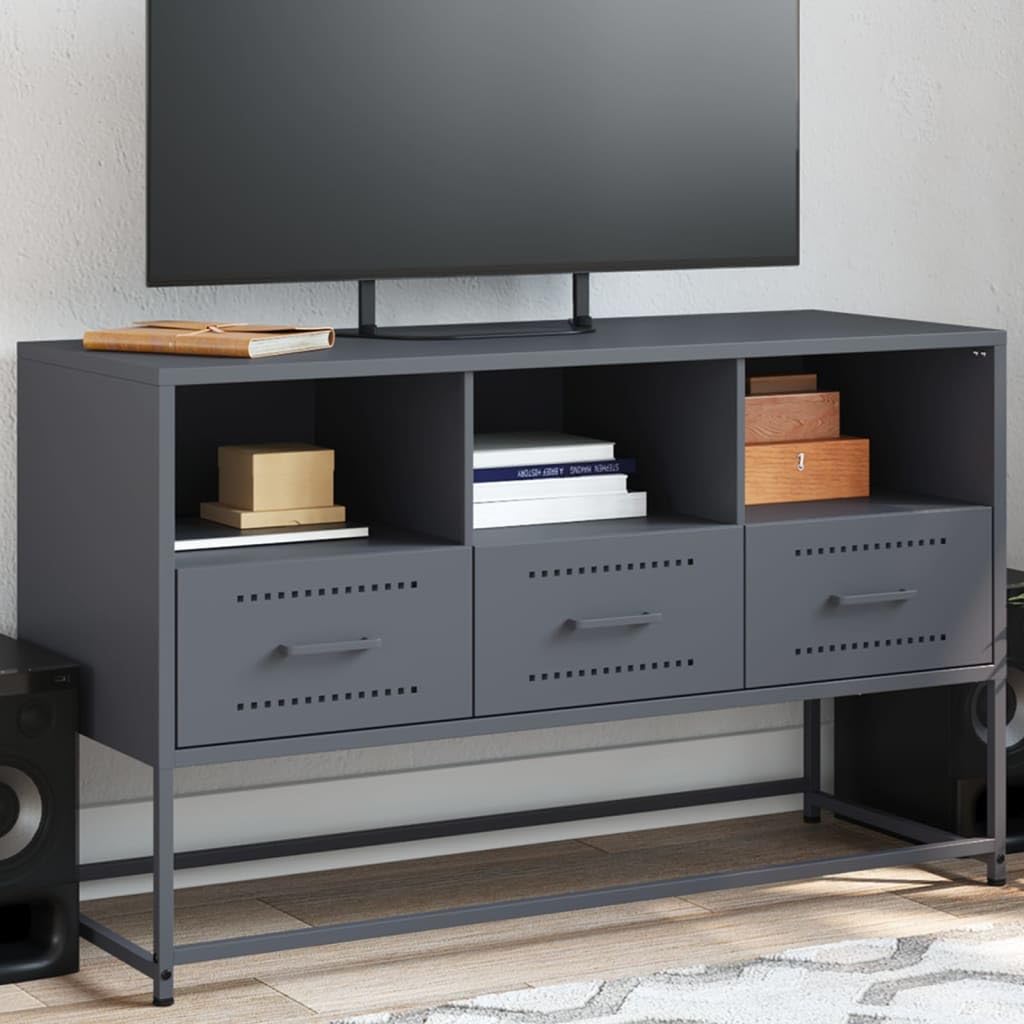 ZBZFGE Mobile TV Industriale in Acciaio Nero 100,5x39x60,5 cm, Dispone di 3 Scomparti Aperti e 3 Cassetti, Struttura Robusta per Soggiorno, Facile da Pulire e Assemblare