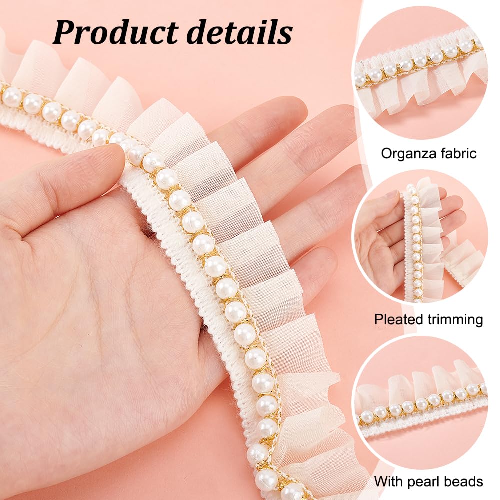 Ruban Dentelle Blanc Avec Perles 4.6m - Bordure Mousseline Plissée Pour Robe Mariée Et Décoration