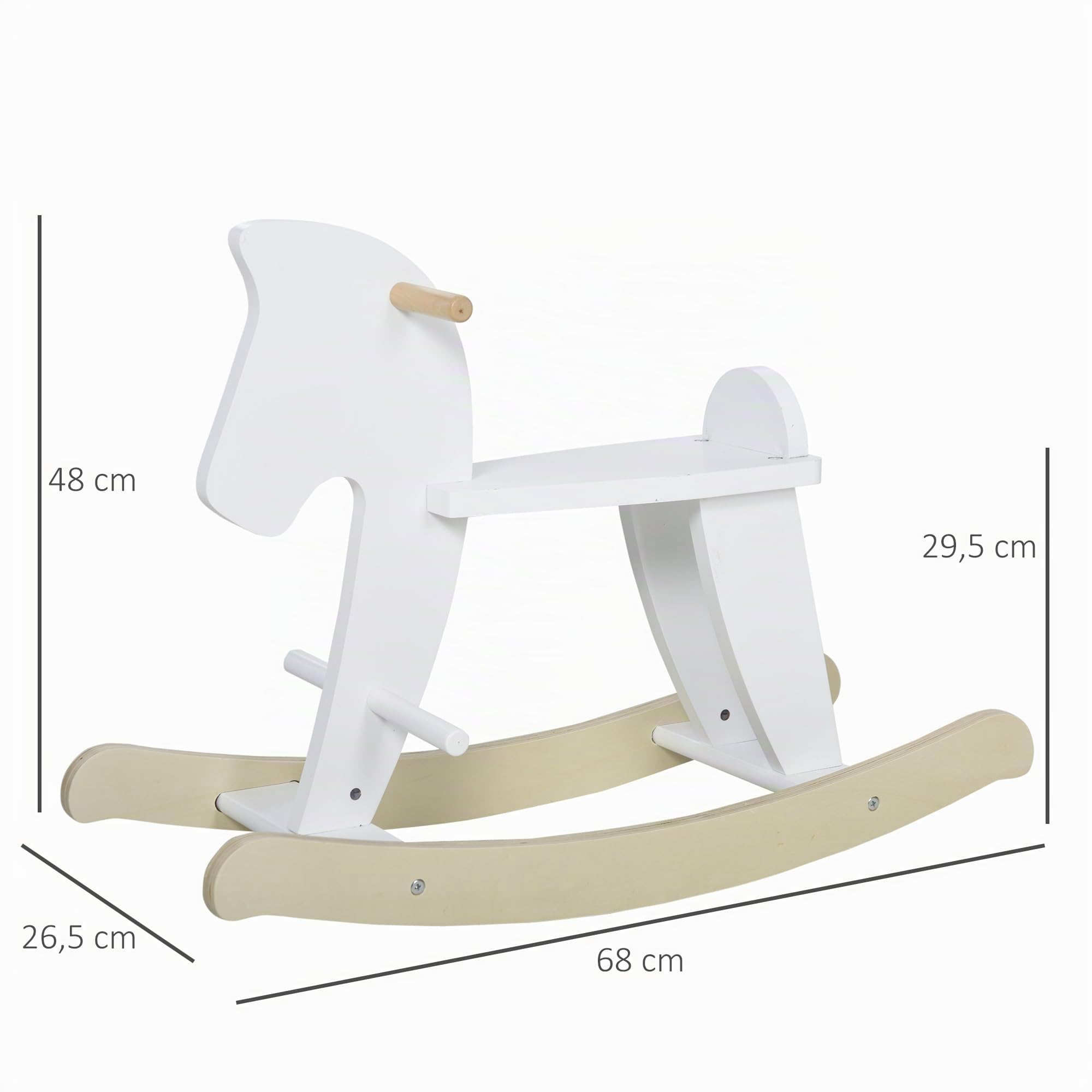 HOMCOM Caballo mecedor de Madera – Juego de Palanca con Asas, reposapiés y topes – MDF contrachapado Blanco y Madera Natural