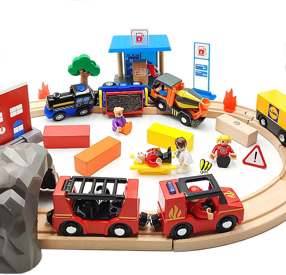 Wooden Train Cars Track Accessories Set Rescue Fire Truck Small Vehicles Magnetic Train Cars Fit for Wooden Train Track Railway for Boys and Girls (Fire Truck(with Light and Sound))