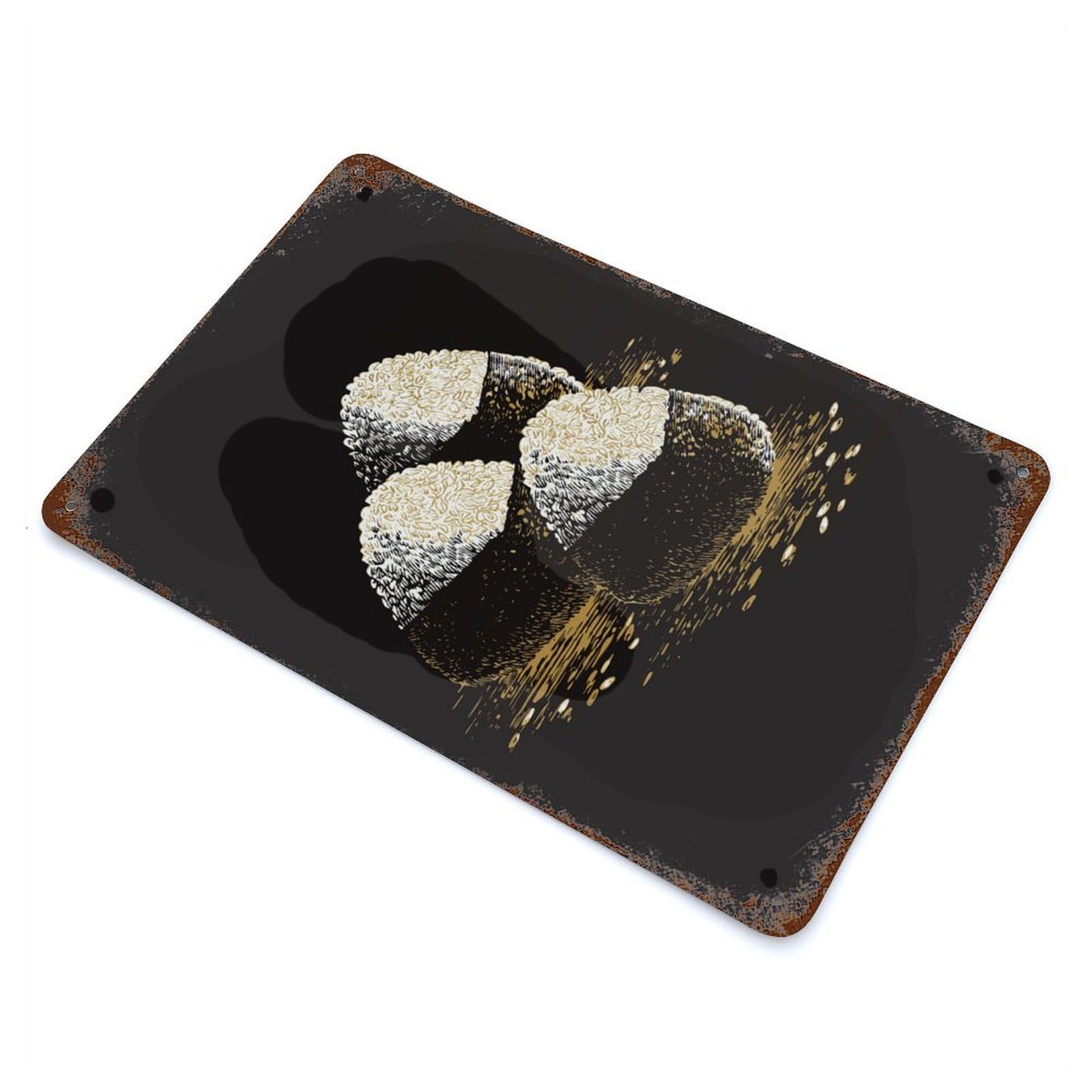Aged Metal Wall Plaque with Onigiri Illustration on Black Background Design 11.8"x7.9", for Cafe, Home Bar And Lounge Decor, Novelty Wall Decor