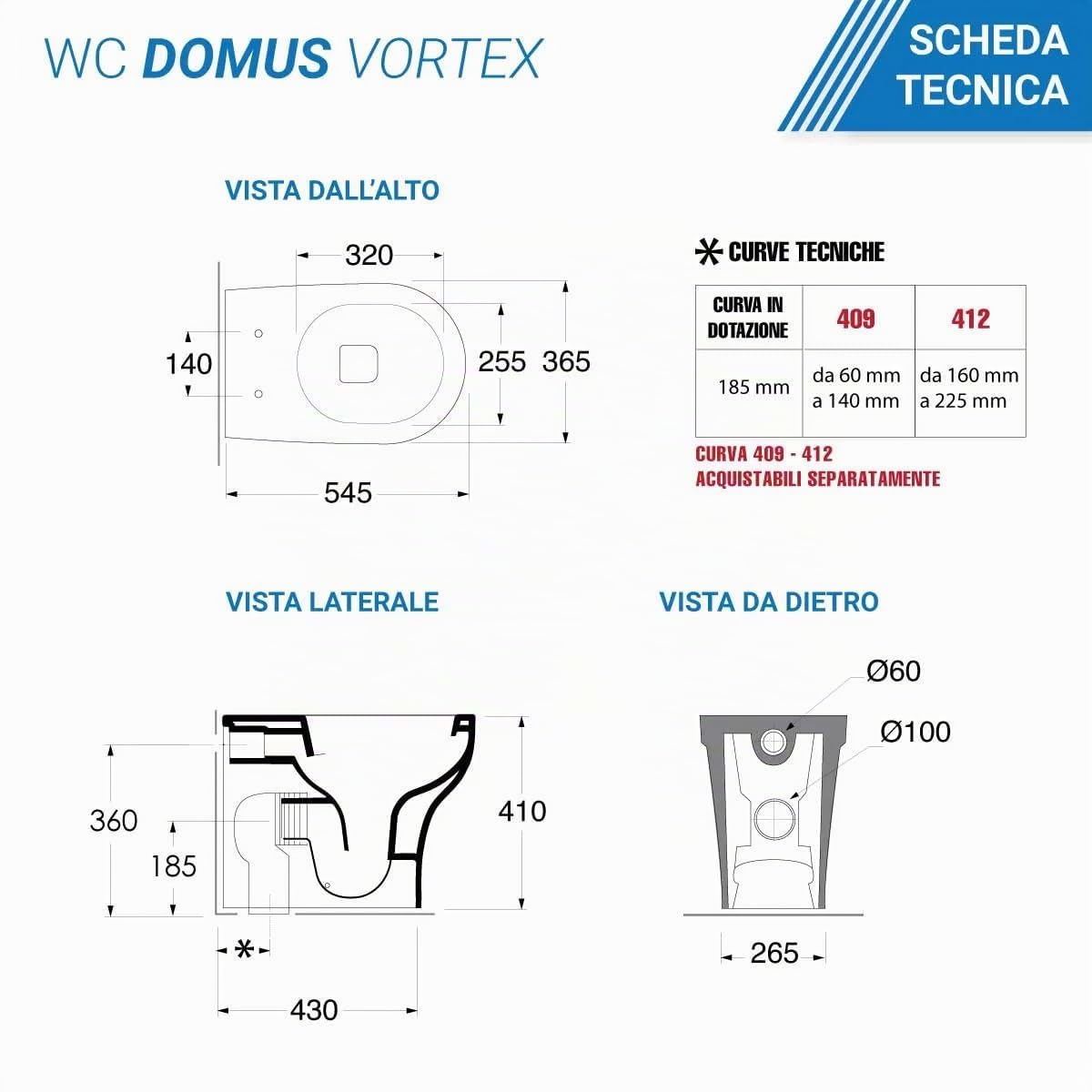 Sanitari a terra filomuro RIMLESS scarico traslato VORTICE bidet e vaso WC in ceramica con coprivaso softclose Domus VORTEX
