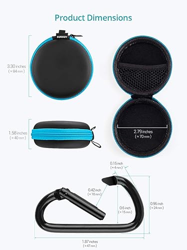 Miniatura 6 de SUNGUY Paquete de 2 fundas para auriculares, pequeño bolsillo redondo para auriculares, bolsa de transporte de viaje con mosquetones para