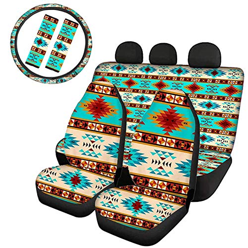 GLENLCWE Southwestern Indian American Aztec Stripe Print Soft Car Seat Covers + Steering Wheel Cover +Seat Belt Covers Heavy Duty Protectors for Most Vehicles