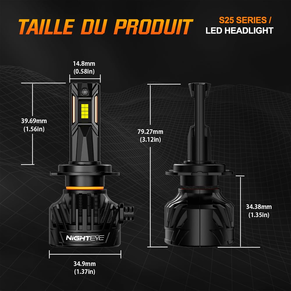 NIGHTEYE Ampoule LED H4 Phare, 34000LM, 130W, Pack de 2 | 6500K Lumière Blanche, Ventilateur Intégré, IP68, 100000 Heures, Remplacement Halogène, Faisceau Net