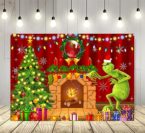 Cartoon Fireplace Backdrop for Christmas Party Supplies 5x3ft Grinch Xmas Photo Background Merry Christmas Photography Backdrop Grinchmas Banner (HM52541E)