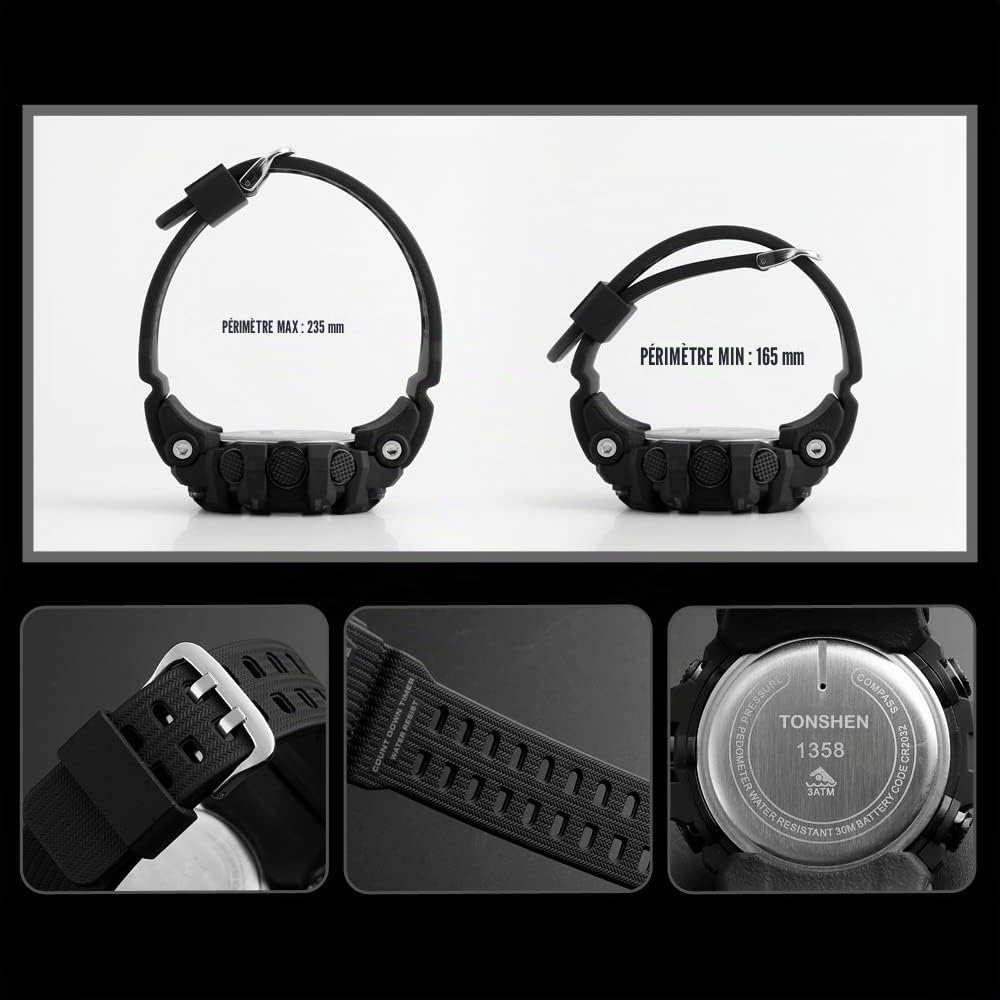 TONSHEN Multifonctionnelnel Outdoor Sport Montre de Homme Plastique Caisse et Caoutchouc Ruban LED Électronique Digitale Boussole Altimètre Thermomètre Pédomètre Montres Bracelet
