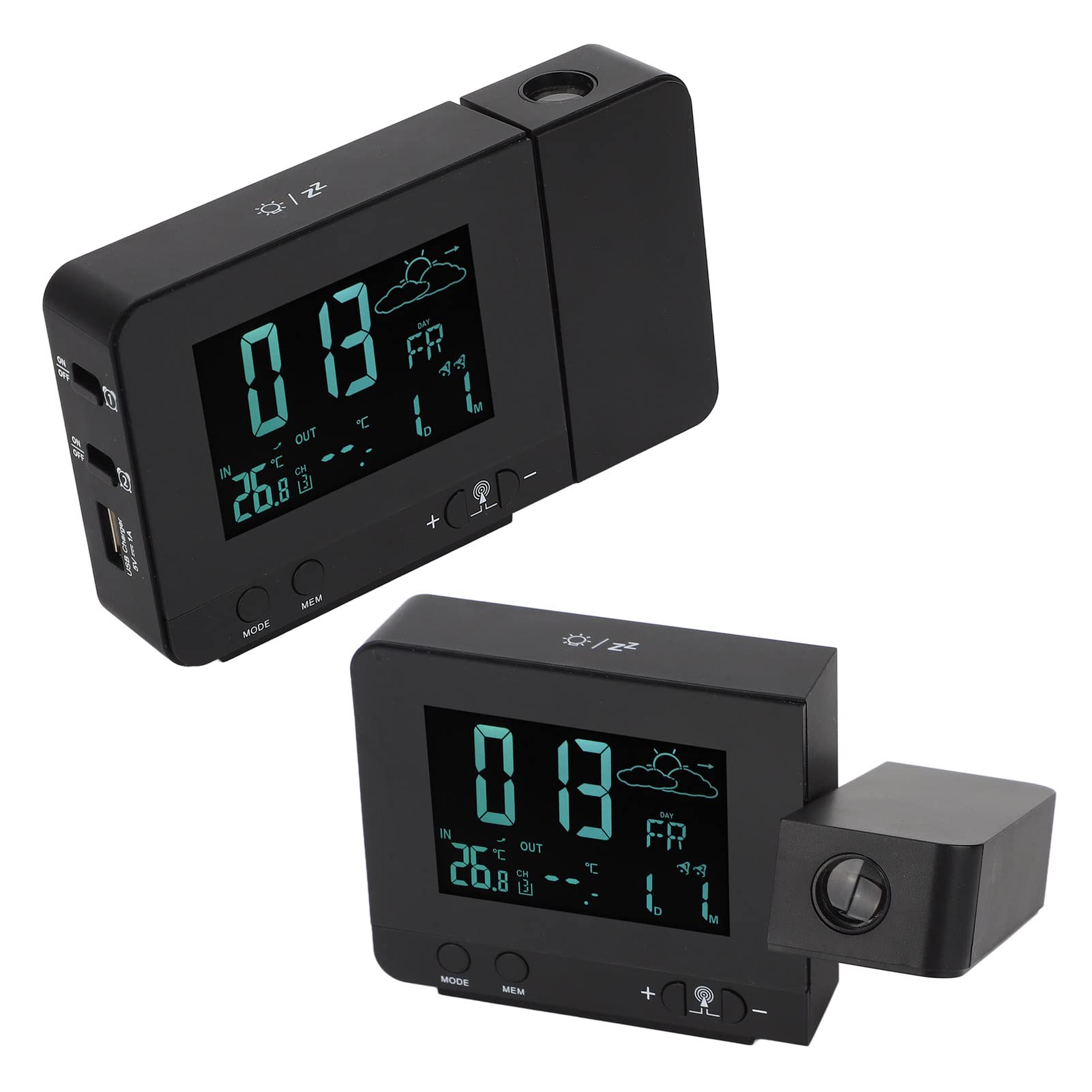 Zerodis Projektionswecker, Temperaturanzeige, 8 Farben mit Hintergrundbeleuchtung, Einstellbare Schlummerfunktion, USB-Wecker für Zuhause (EU-Stecker)