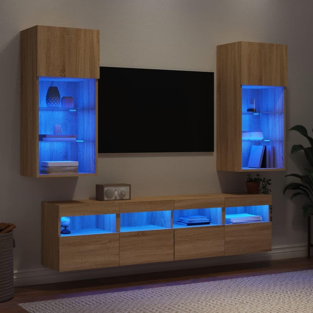 Gecheer 5-TLG.parete per soggiorno, parete con illuminazione a LED, pensile per TV, TV bassa, mobile per TV, TV da salotto, TV, in legno, vetro