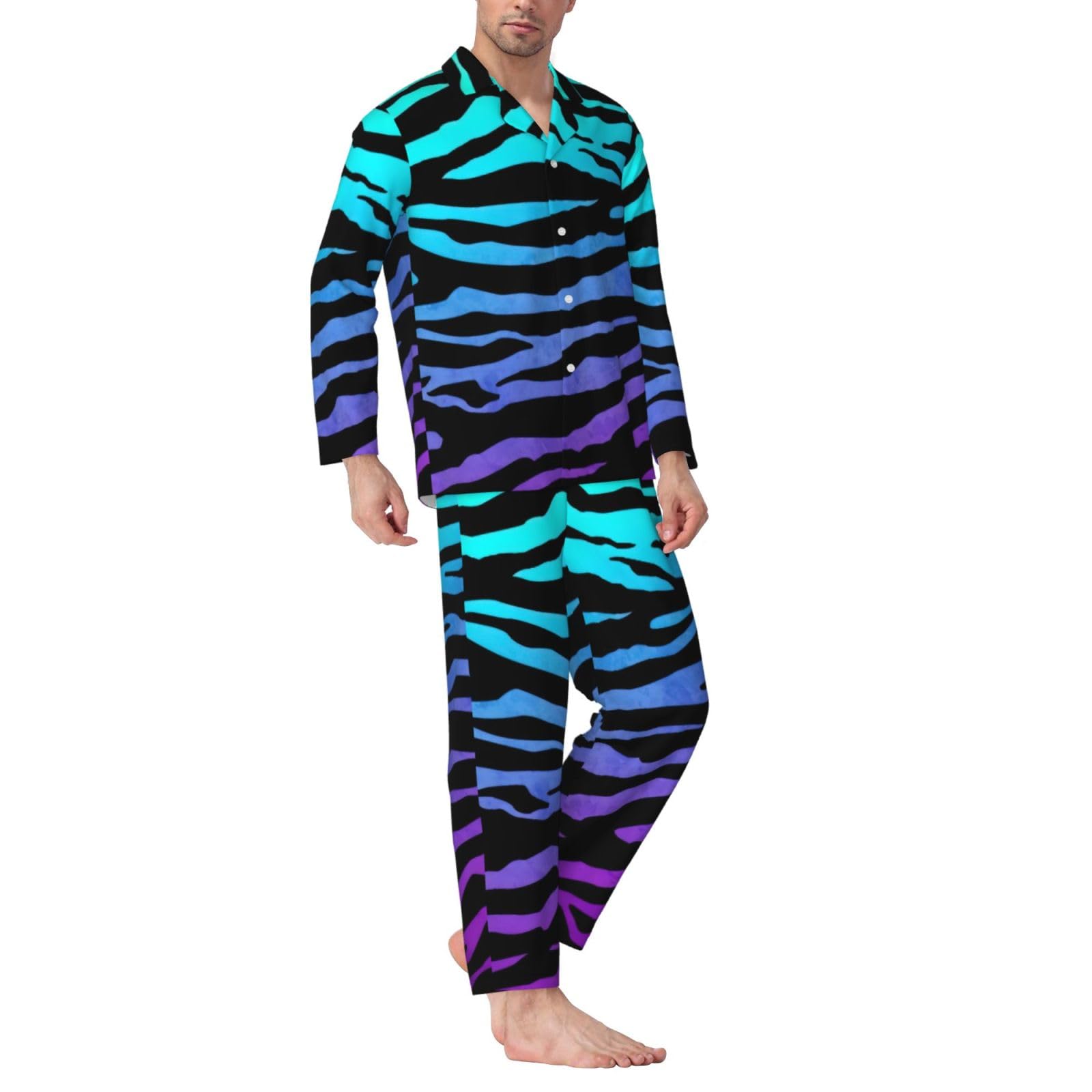 Viola Blu Verde Camouflage Zebra Stripes Stampa Uomo Manica Lunga Pigiama Set Pigiameria Due Pezzi Casa Viaggio Outfit Lounge Pantaloni