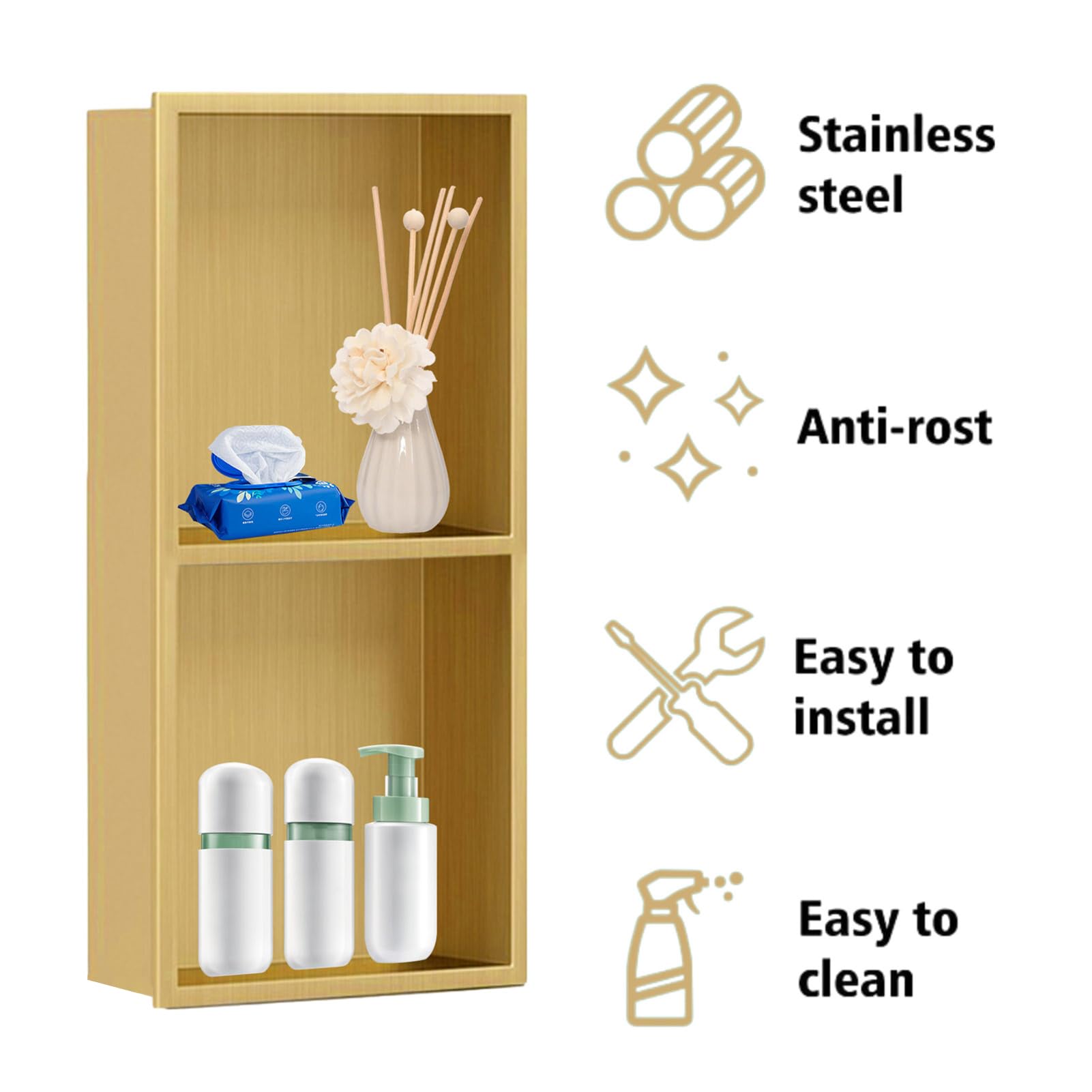 Mensola quadrata da parete, in acciaio inox, per riporre shampoo e sapone, finitura dorata, 70 x 27,9 x 12,4 cm, elegante accessorio da bagno
