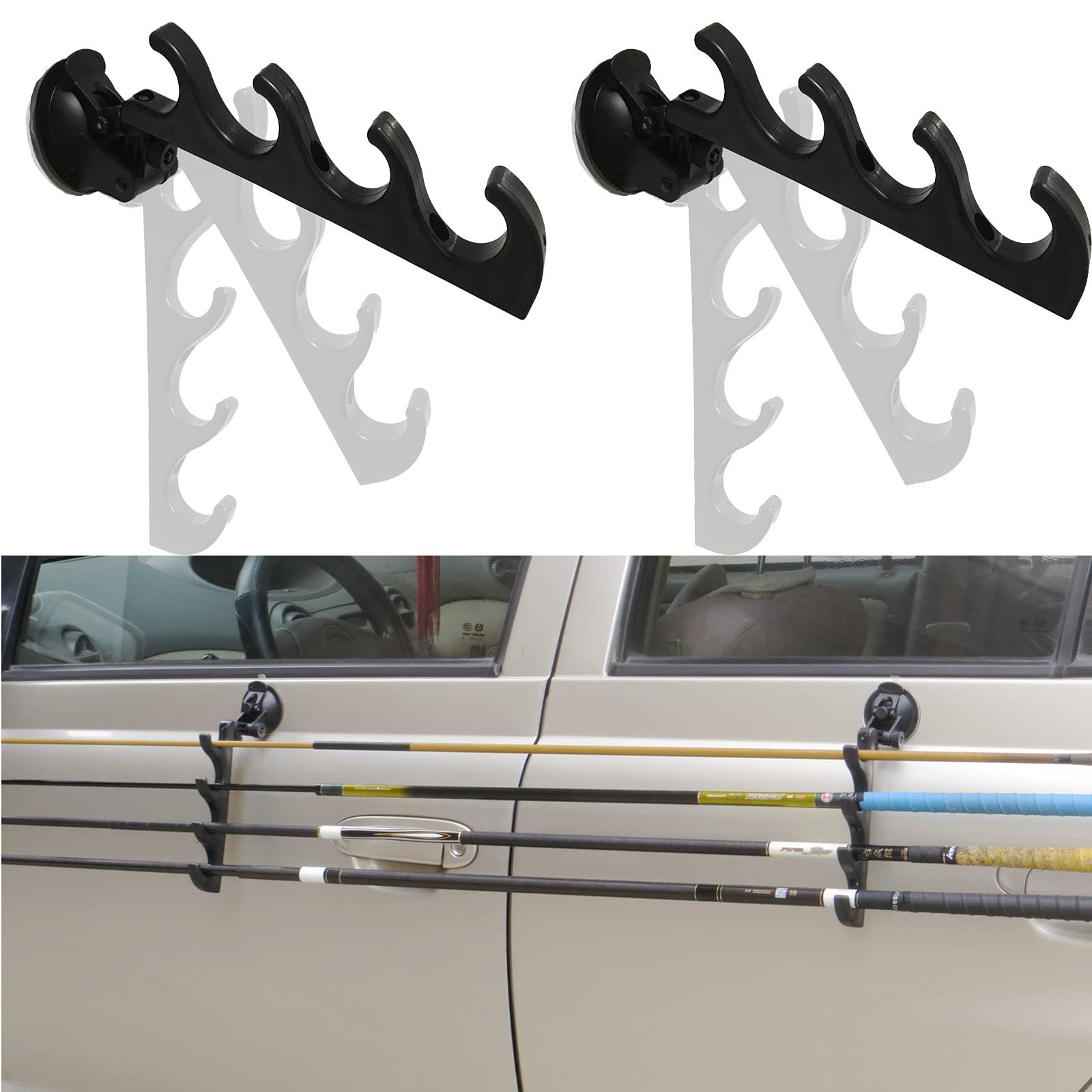 Pmsanzay Adjustable Horizontal Fishing Rod Storage Rack Holder with Suction Cups Attach for Vehicle Car/Truck/SUV/Smooth Glass - to Hold 4 Fishing Rods - to Keep Your Fishing Rods Safe