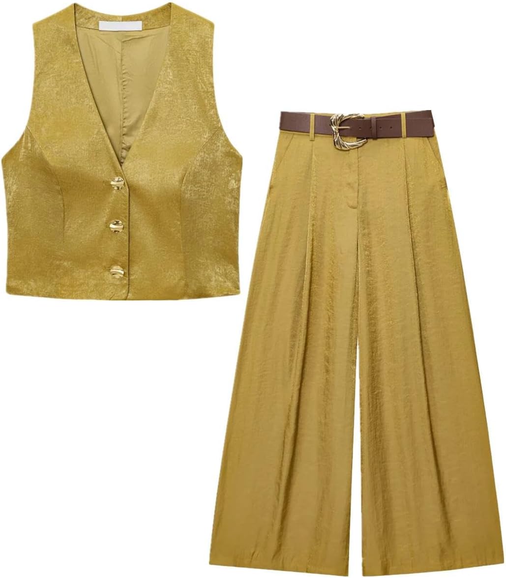 Womens Gold Satin Vest Suit Sleeveless Waistcoat and Wide Leg Pants Matching Outfit for Business