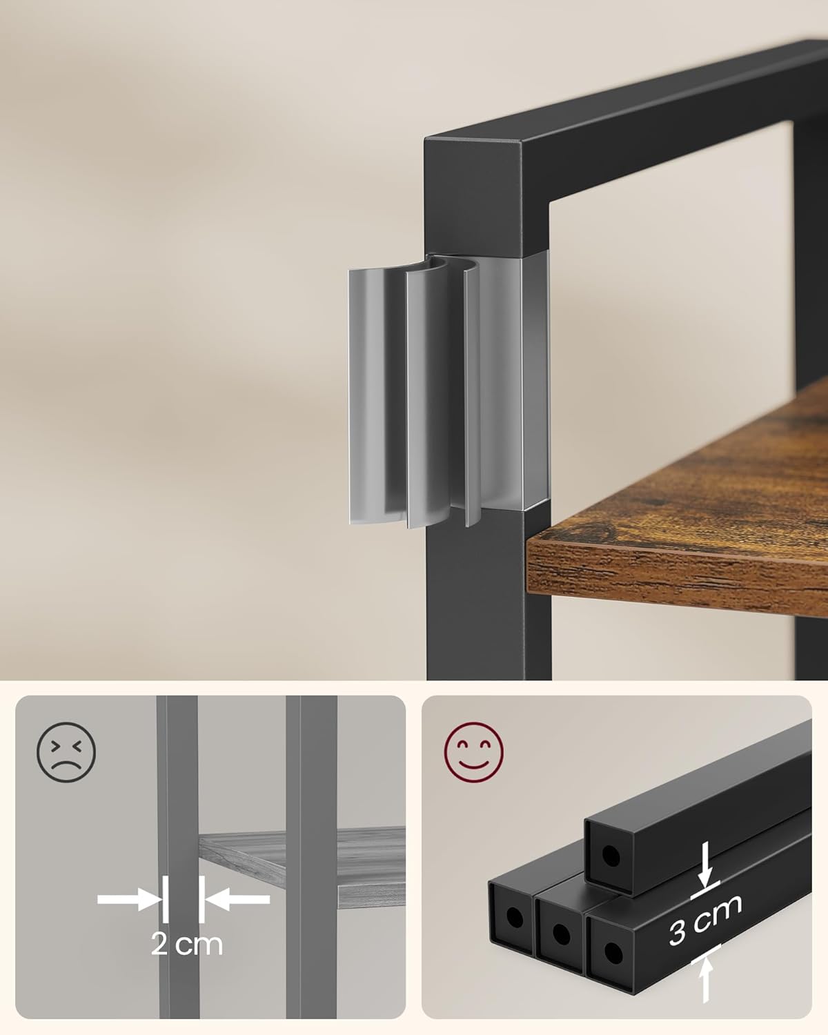 Close-up of bookshelf frame connection and shelf placement.