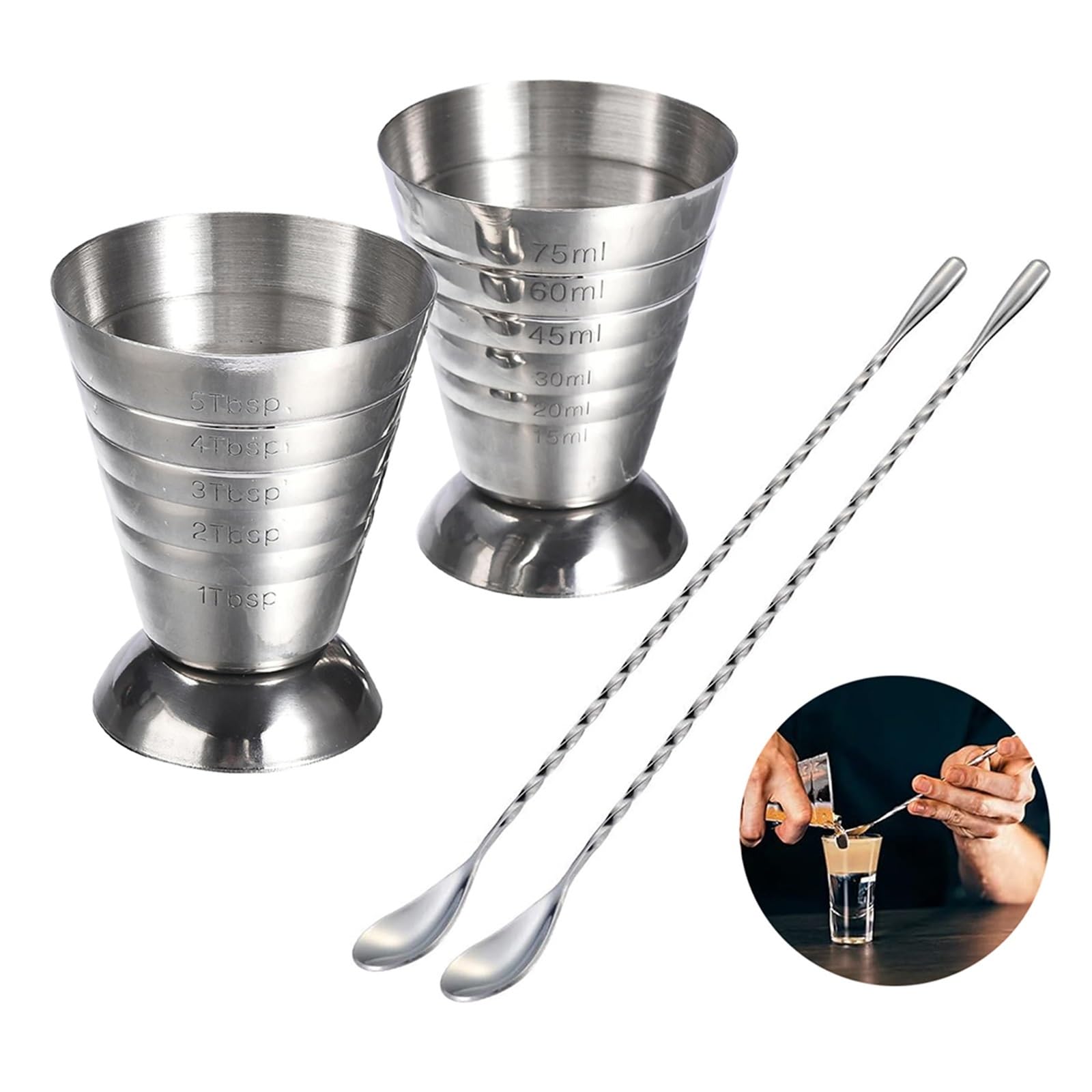 Taza medidora de acero inoxidable con cuchara mezcladora, Jigger cóctel for Bar(2 cups with 2 spoon)