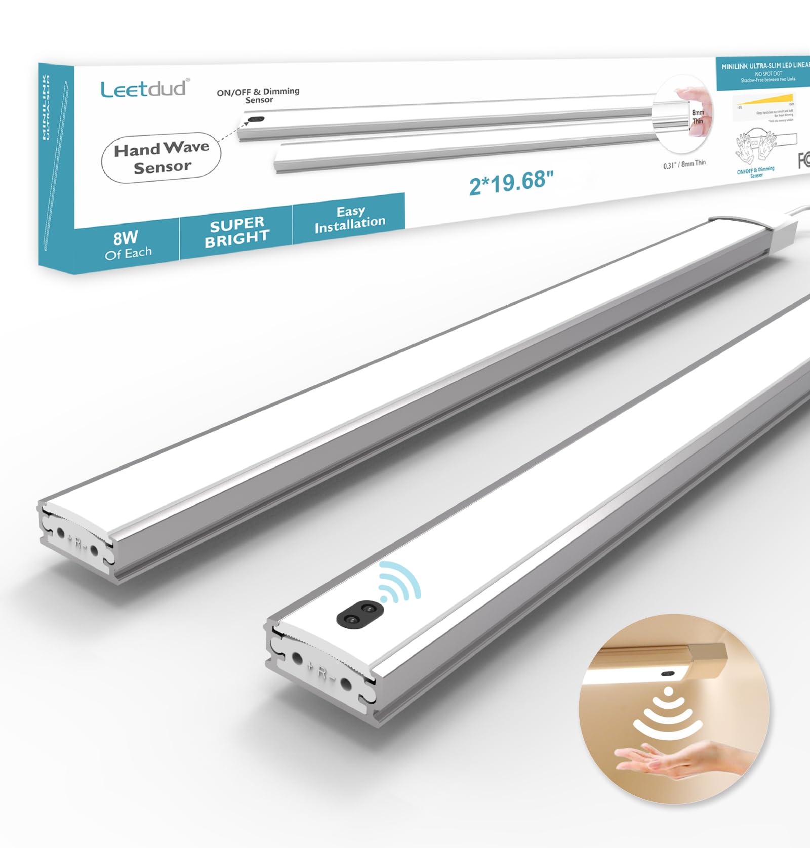 Leetdud Hand Wave Under Cabinet LED Lighting Plug in, 20 Inch 2 Pcs Dimmable Linkable Ultra Thin Aluminum Alloy Housing, 4000K Natural White Motion Sensor Counter Lights for Kitchen, Shelf, Cupboard