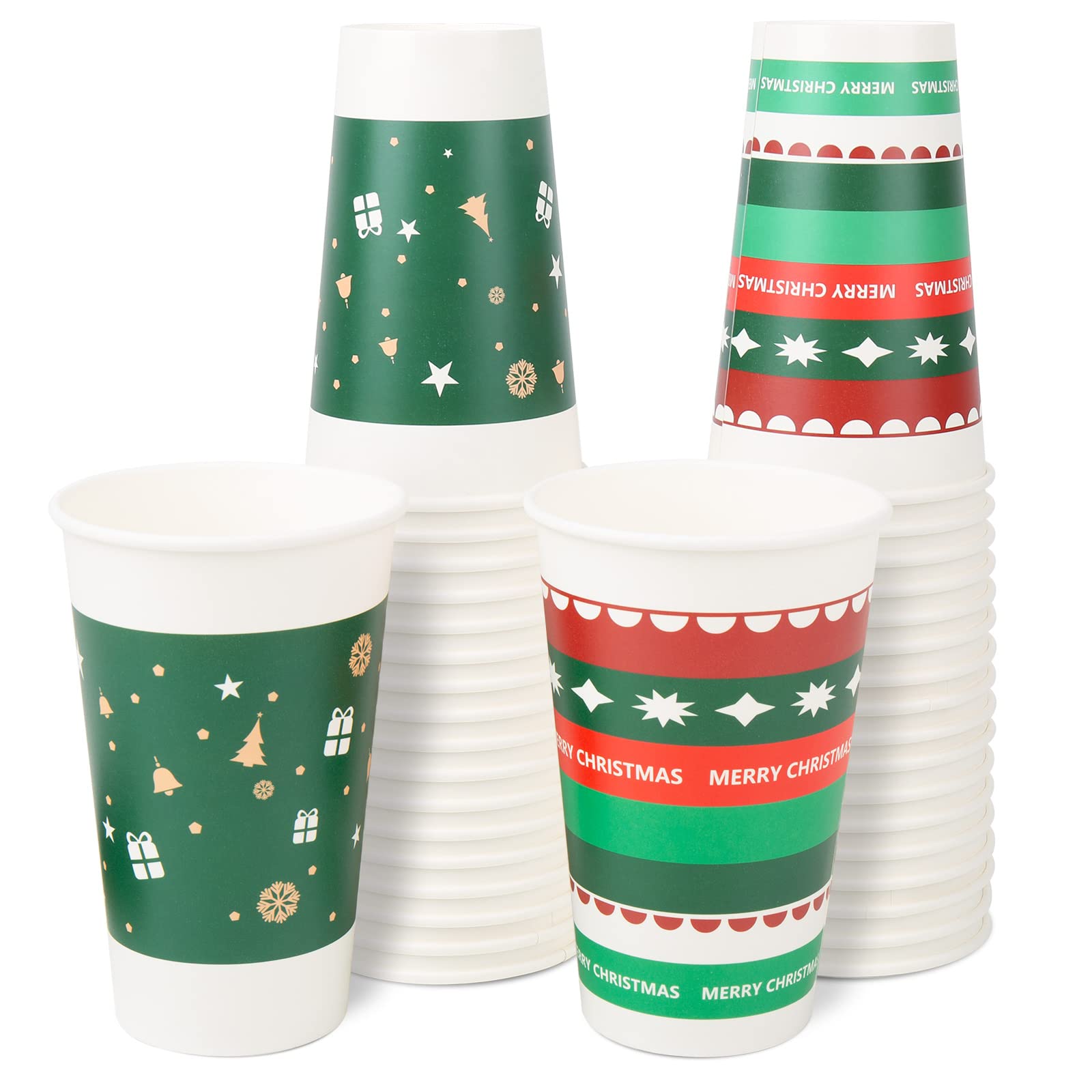 Rulyyo Disposable Paper Coffee Cups Christmas Cups W/O Lids Festive Cups for Hot or Cold Beverages Decorative Holiday Cups for Christmas (Green and Stripe Combo) - 16oz, 34 Count