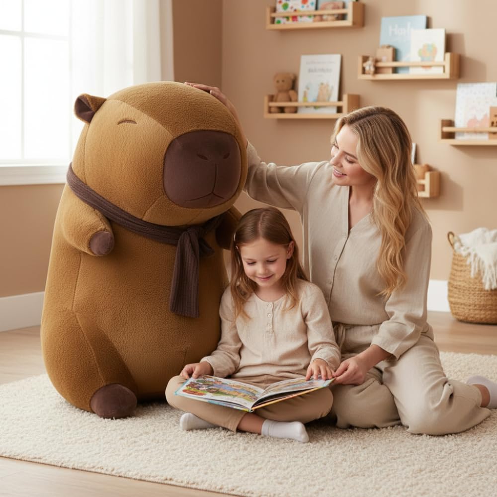 Capybara Peluche XXL 100 cm – Gran Peluche Suave Kapibara 3 en 1 cojín y decoración – Gigante para niños y Adultos (Capybara con Bufanda)