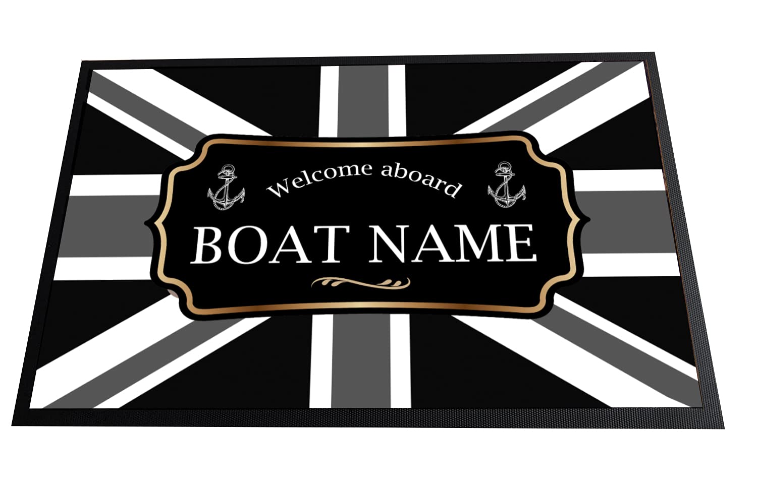Personalised Boat Mat - narrow boat, sailboat, yacht, floor mat nautical Grey Union jack flag 60 x 40cm Door Mat