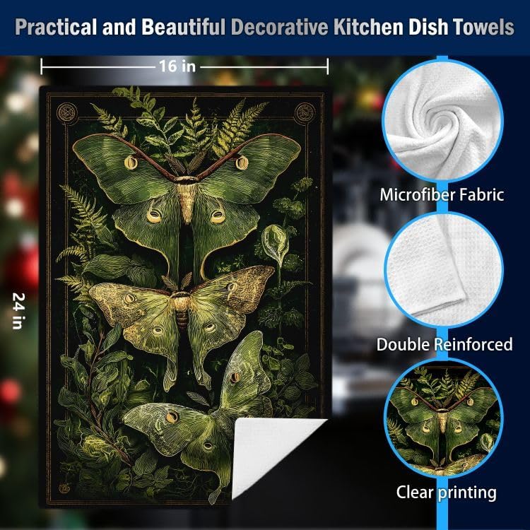 Dark Academia Green Luna Moth Kitchen Dish Towels, Moth Gifts for Women, Gothic Dark Cottagecore Botanical Ferns Decorative Hand Tea Towels for Bathroom Kitchen, 16x24 Inches - Image 2