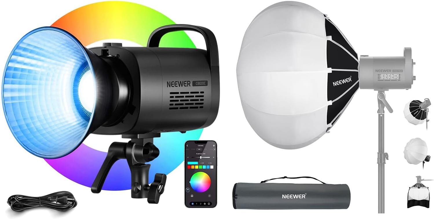 NEEWER CB100C 130w RGB LED Video Light with 26"/65cm Lantern Softbox Kit, APP/2.4G Control 360° Full Color 2700K-6500K COB Bowens Mount Continuous Output Lighting 17 Scenes for Video Recording