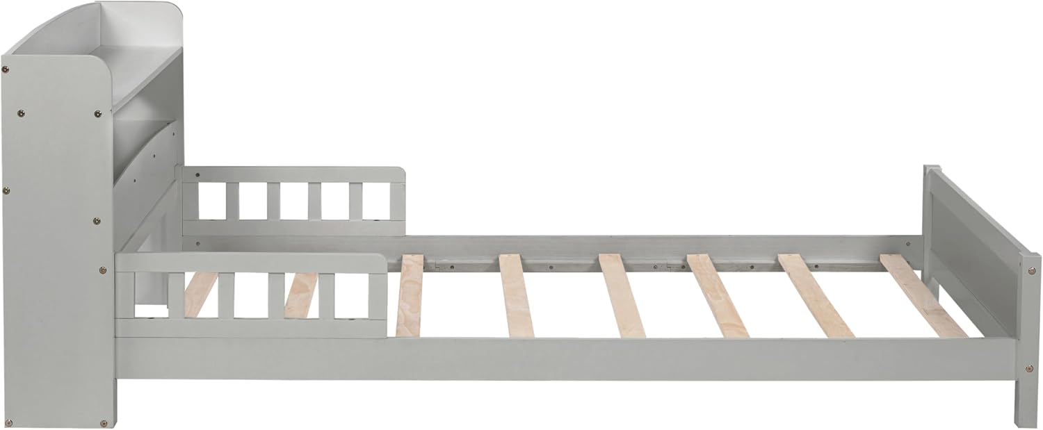 Ball & Cast Twin Platform Bed with Bookcase Headboard,Pine Wood Bedframe w/Guardrails,LED Motion Sensor Ligh,Captain Storage Beds for Kids, Girls,Boys,No Box Spring Needed,Grey