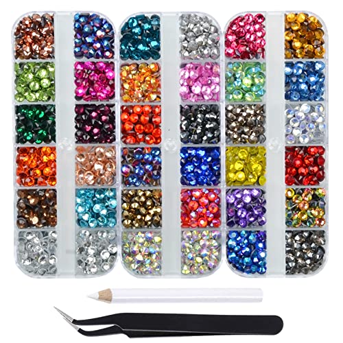 Massive Beads 8800pcs+ Flatback Glass Hotfix Iron On Rhinestones Crystal for DIY Making with 1 Tweezer & 1 Picking Pen for Shoes, Clothes, Face Art, Bags, Manicure (34-Colors, SS 10)