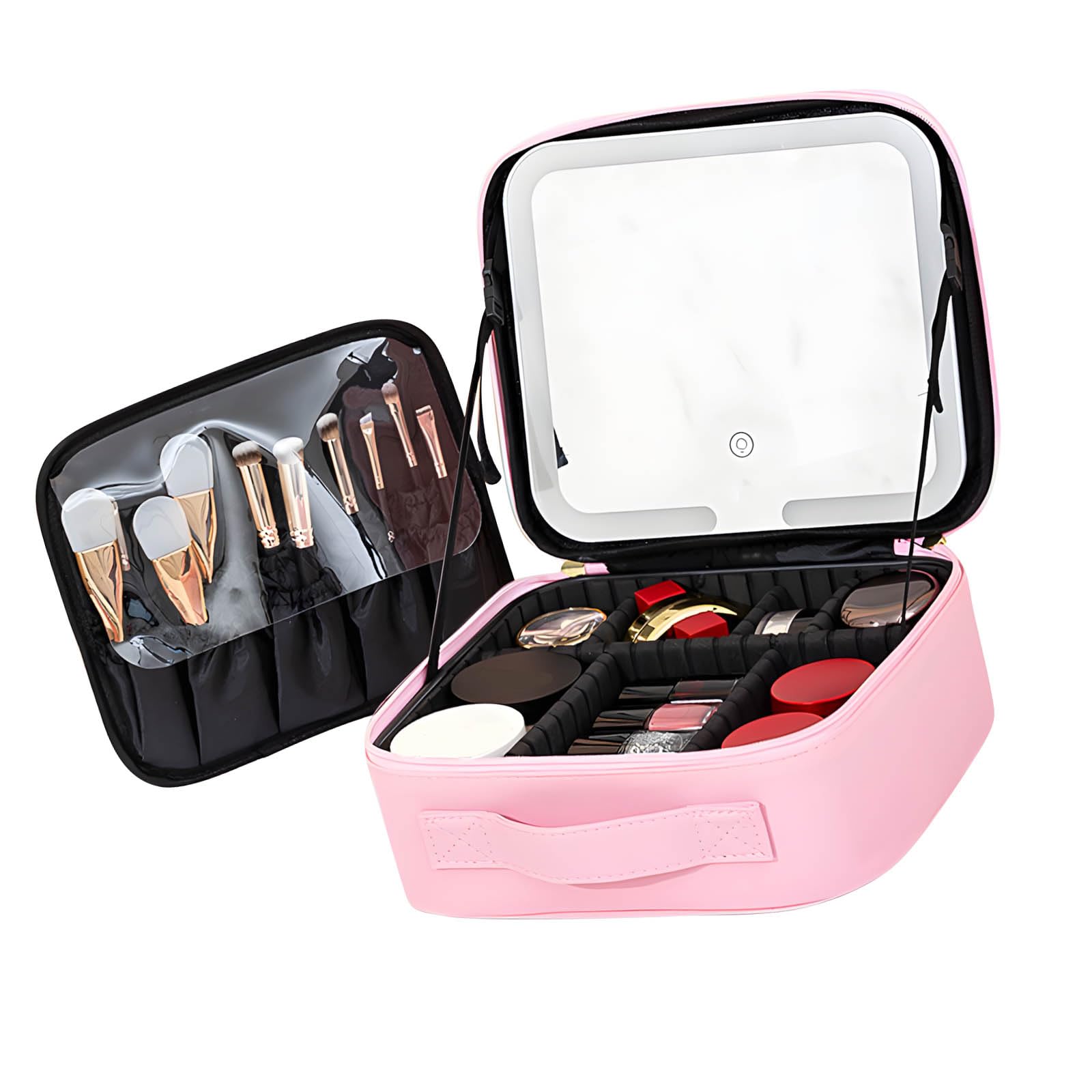 Elnwnnkc LED Lighted Travel Makeup Bag Spacious Waterproof PU Cosmetic Case with Glasses and Compartments Lighted Makeup Pouches LED Bag with Light