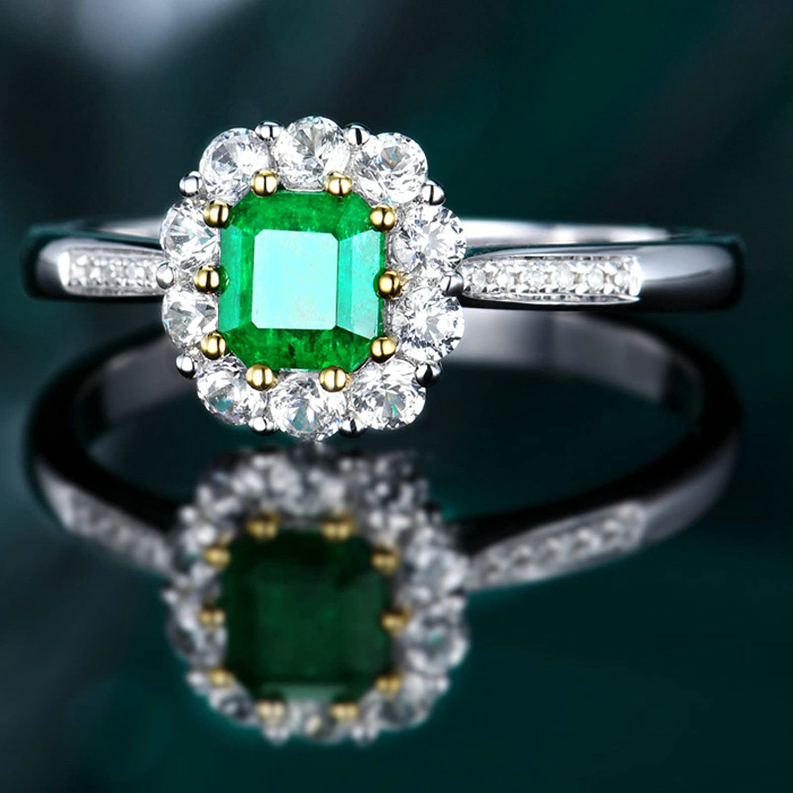Anillo de compromiso para mujer de platino, anillos de promesa de boda con esmeralda de 0,5 quilates y moissanita, tamaño H 1/2-V 1/2