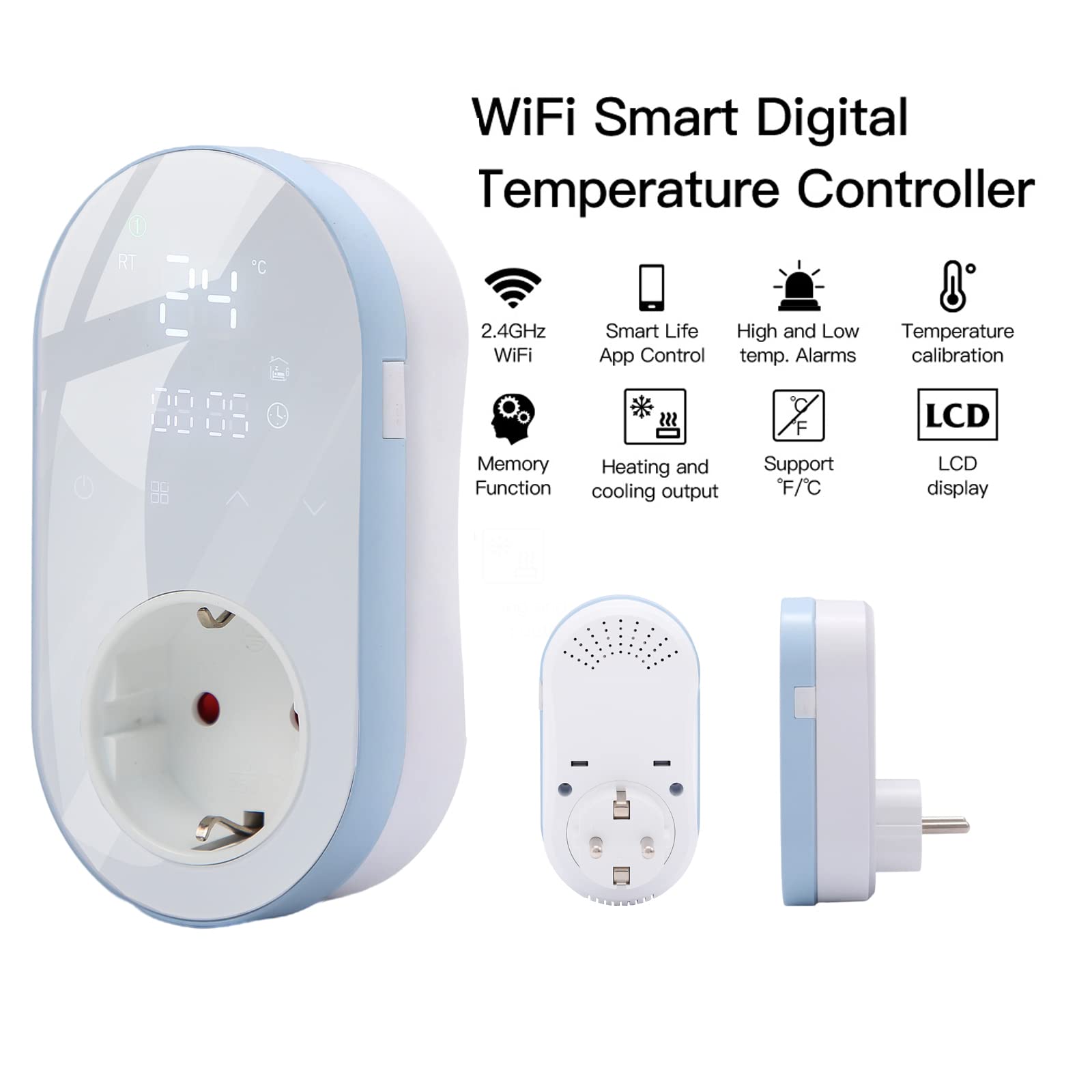 termostato calefaccion WiFi,Calefacción Refrigeración Termostato Digital calefaccion programable Enchufe termostato para casa Controlador de Temperatura (Azul)