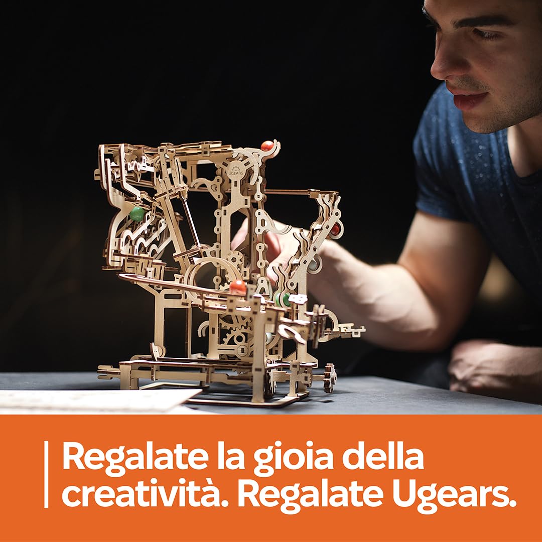 UGEARS Marble Run Chain Hoist in Legno - Puzzle Meccanici 3D in Legno per Adulti, Kit Modello Fai-da-Te per Adulti, Unici - Gioco di Biglie 3D Regali per Amanti dei Puzzle 400 Pezzi