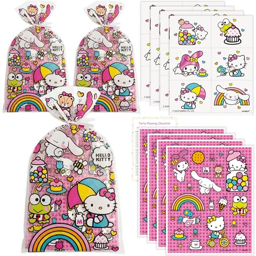 Unique Hello Kitty Party Favors - 16 Goodie Bags with 16 Sticker Sheets, 24 Tattoos, Checklist - Hello Kitty Birthday Decorations - Officially Licensed