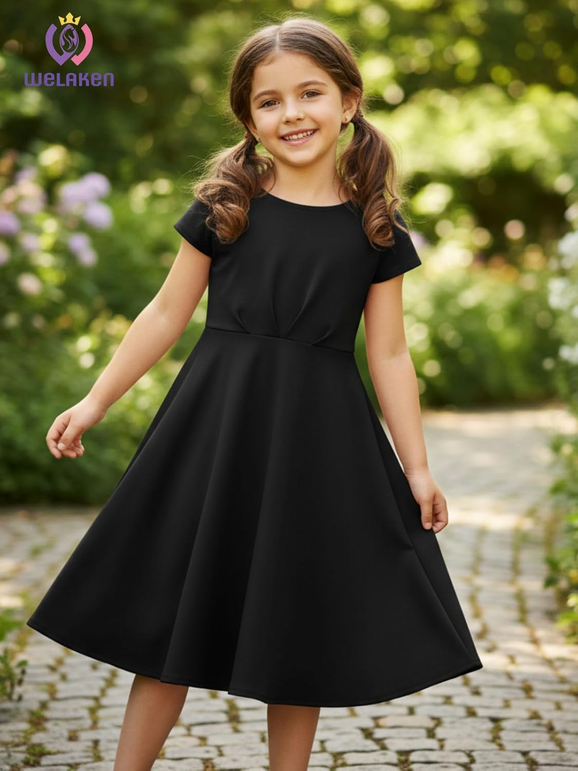 Girls Summer Dress Short Sleeve A-Line Twirl Skater Fit and Flare Dress with Pockets - Image 3