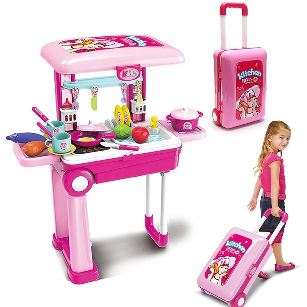 URBAN TOYS 2 in 1 Little Chef 25 Pcs Trolley Kitchen Set for Kids Girls Boys | Big Cooking Set Light & Sound Portable Trolley Pretend Play Toys, Food Party Role - Multicolour