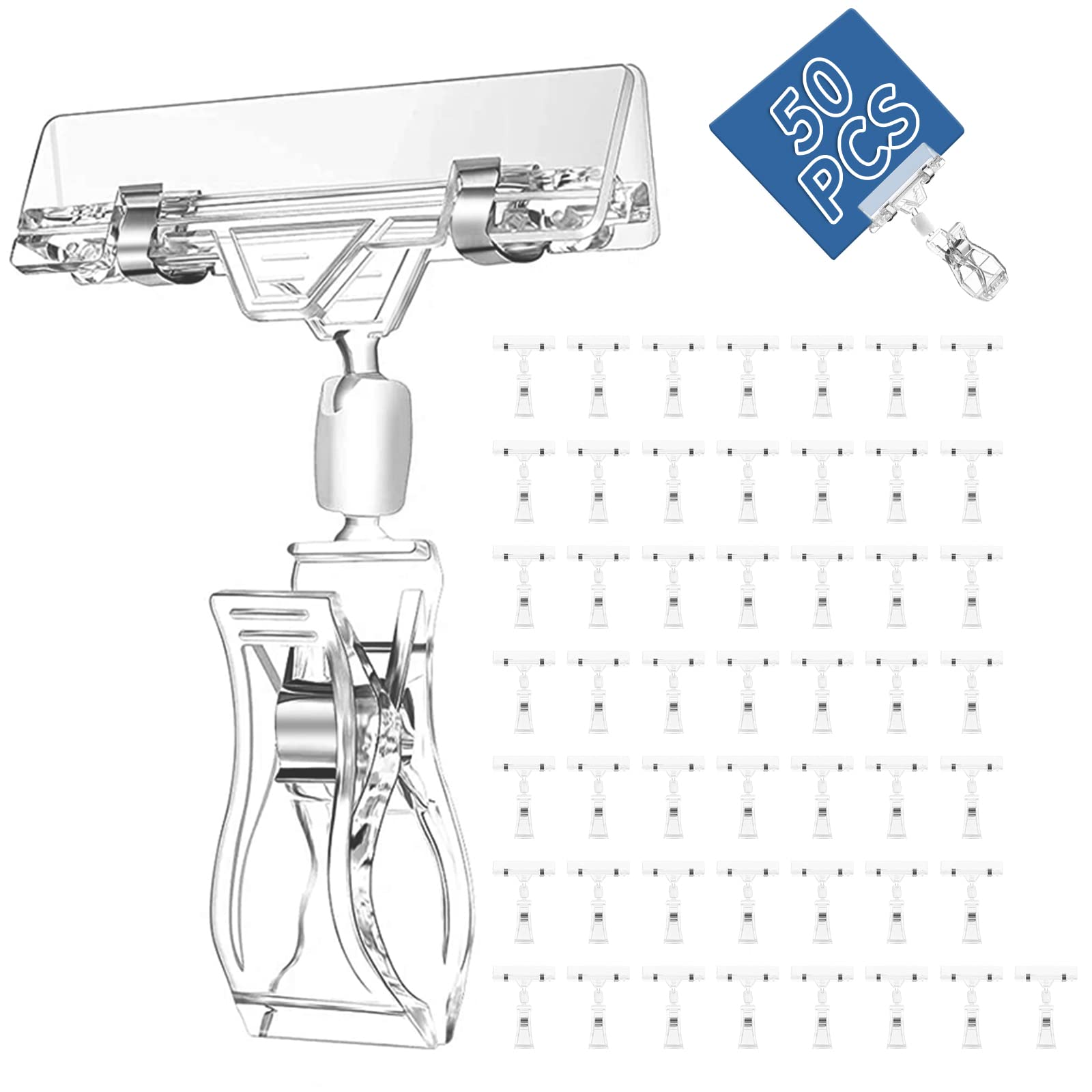 50 Pezzi Segno Esposizione Clip, Clip per Etichette Rotanti in Plastica, Clip Merce Segni di Prezzo, Clip Segno Supporto del Basamento, Clip Chiaro Porta Cartello in Plastica Doppio, Chiaro