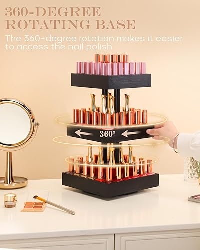 Miniatura 8 de Homde Organizador de esmalte de uñas de bambú, soporte de almacenamiento giratorio de 360 grados para esmalte de uñas con organizadores de escalera