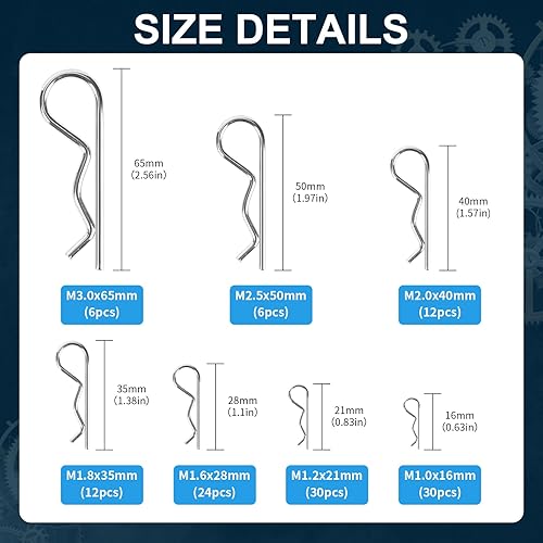 Miniatura 2 de Kit surtido de 120 pasadores de chaveta de alta calidad, pasadores de chaveta resistentes en forma de R, 7 tamaños de pasadores de acero al carbono