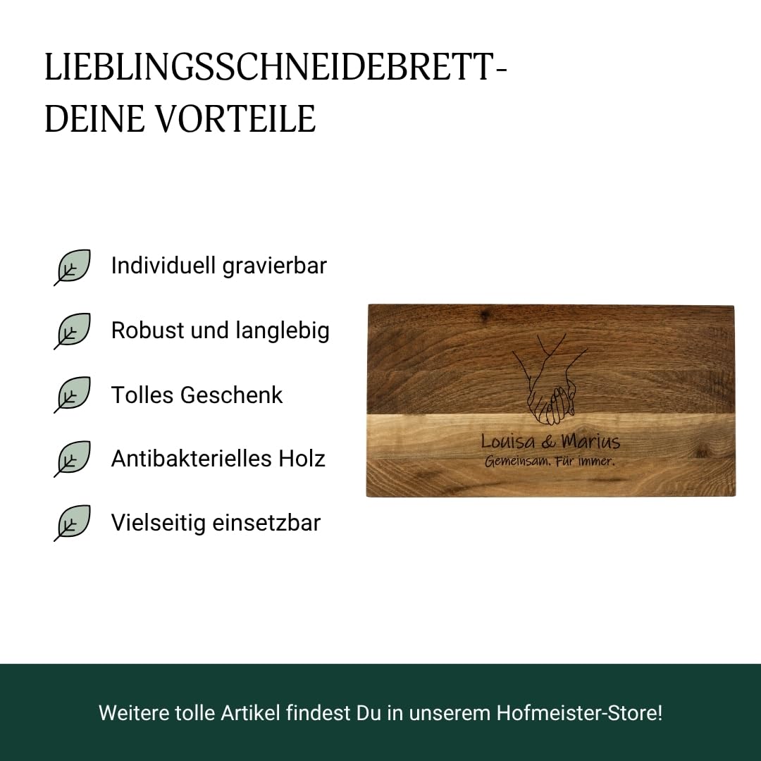 HOFMEISTER® Schneidebrett Nussbaum personalisiert mit Gravur Hände, 38 x 19 x 1,5 cm – massives Holzbrett mit Wunschnamen und Text – Geschenk für Paare, Hochzeit, Jahrestag & Valentinstag