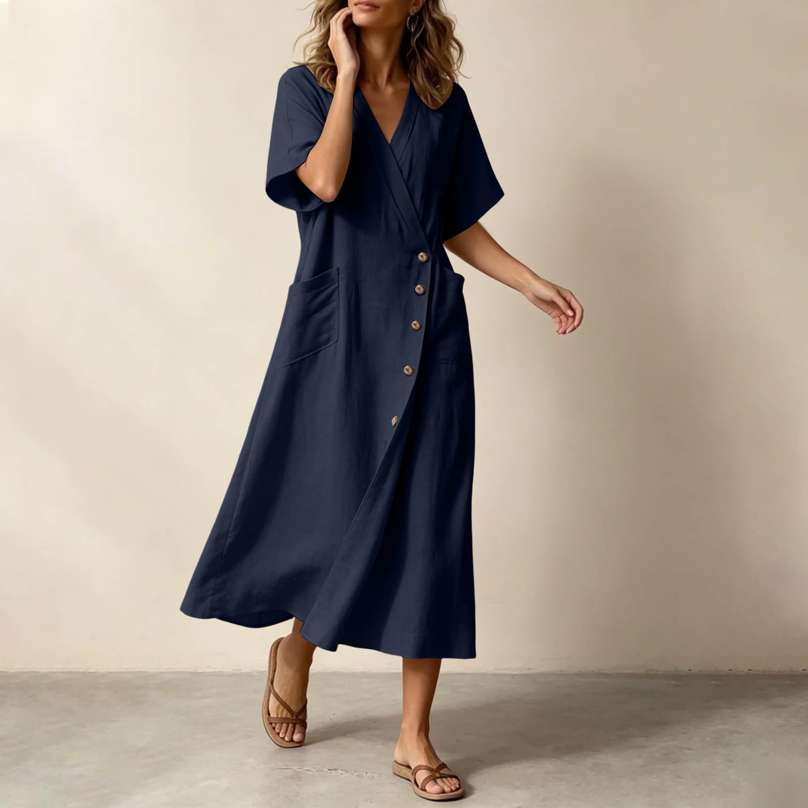 Vestido Casual De Mujer Con Diseño Cruzado Escote En V Botones Laterales Y