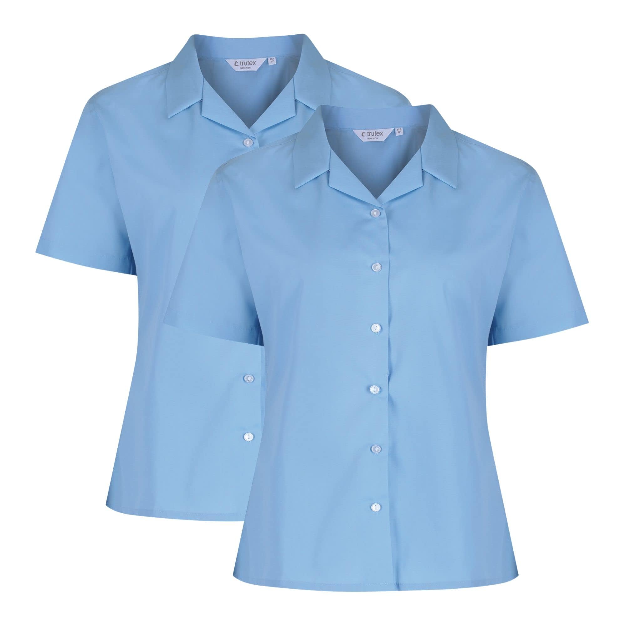 Trutex Girls Blue School Shirts, Multipack – Short Sleeve Standard Fit Revere Collar Cotton-Rich Non Iron School Blouses for Girls – Age 13 (2 Pack)