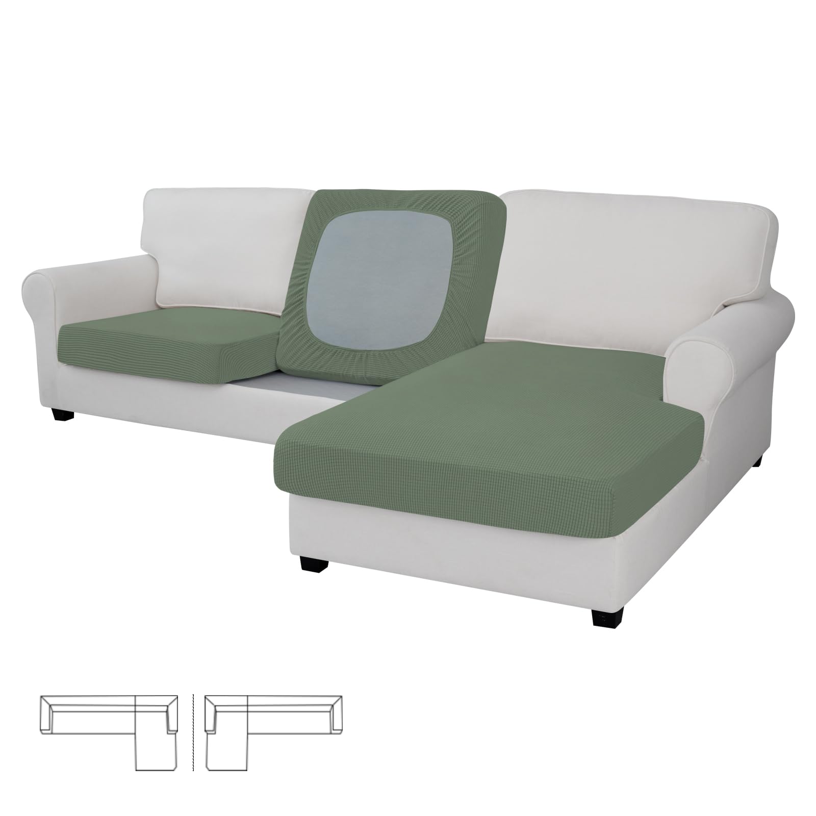 Easy-Going Stretch 3 Pieces Couch Cushion Covers for Sectional Sofa Left/Right L Shape Chaise Lounge Sofa Seat slipcover Anti-Slip Sofa Cover Soft (2 Seater + 1 Chaise, Greyish Green)