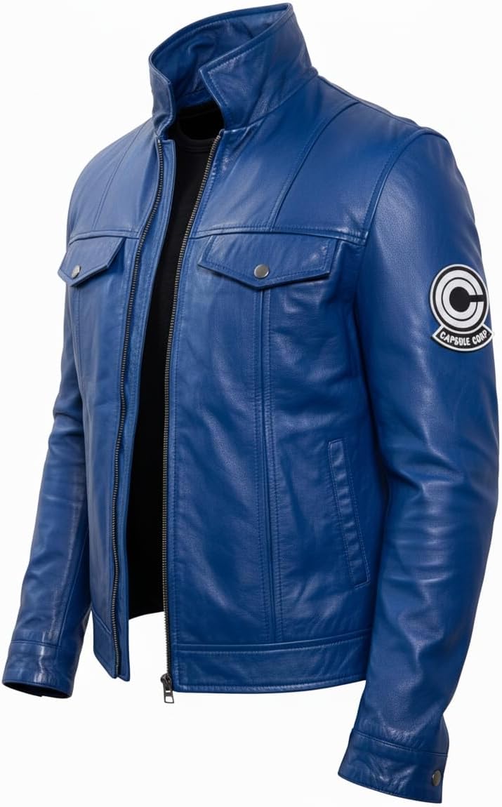 Mens DBZ Future Trunks Costume Capsule Jacket Fancy Saiyan Dragon Cosplay Blue Biker Leather Motorcycle Jacket