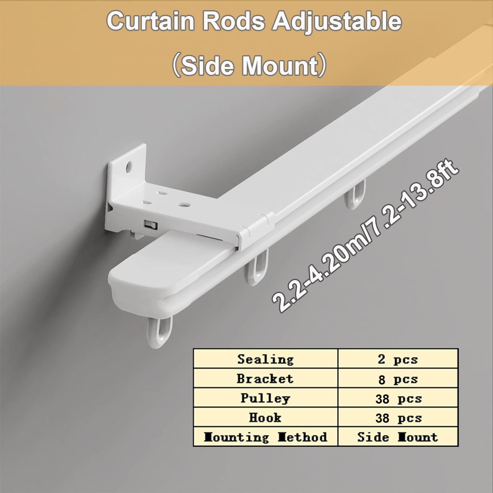 Ausziehbare Aluminium-Gardinenstange, 0,85 bis 4,20 m, leise, reibungslose Bedienung, Decken-/Wandhalterung, mit Haken, ideal für Wohn- und Schlafzimmer-Dekor.