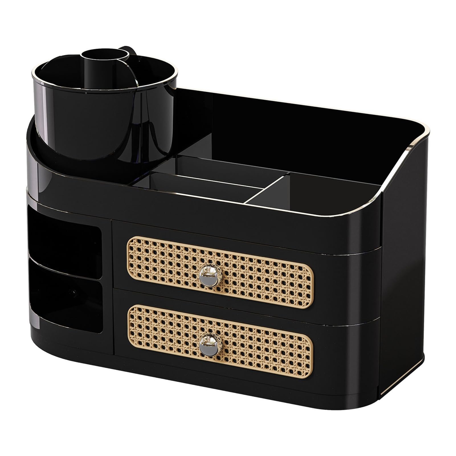 Asixxsix Organizer per Trucco da Scrivania in Rattan, con 2 Cassetti e Scomparti Multistrato per Cosmetici Cura della Pelle Vanity Bagno Controsoffitto Home Office (BLACK)