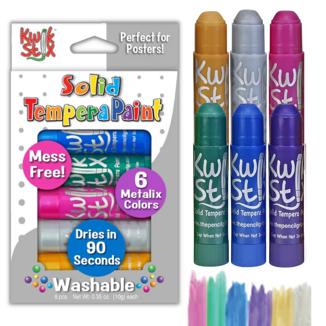 The Pencil Grip Kwik Stix METALIX Solid Tempera Paint, Super Quick Drying, 6 Pack (TPG-613),Gold,Silver,Pink,Green,Blue,Purple