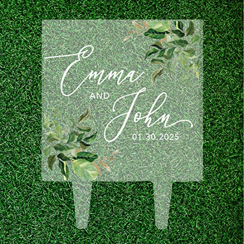 Andaz Press Greenery Eucalyptus Custom Wedding Cake Topper, Acrylic Square Personalized Couple Cake Topper